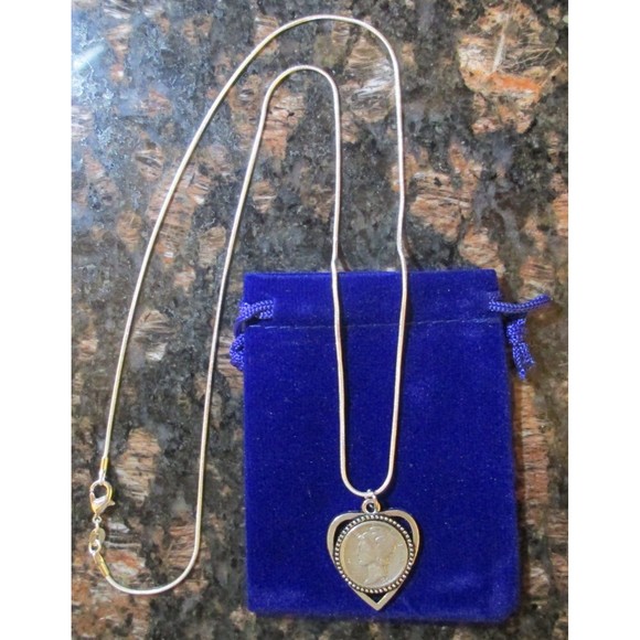 Sterling silver necklace 90% silver Mercury Dime, Cameo Love Heart +Gift Bag - Picture 4 of 4